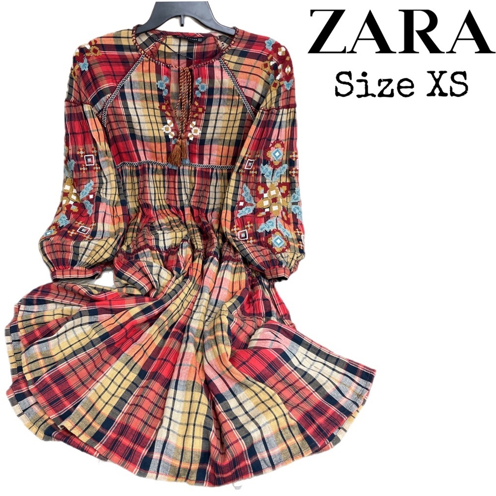 Zara plaid flannel floral embroidery tiered puff sleeve midi dress size XS